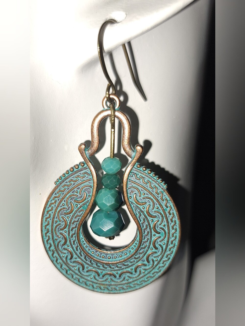 Turquoise Patina Bronze Boho Earrings with Faceted Accent Beads